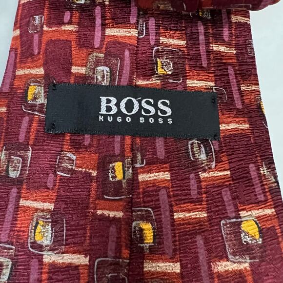 Boss Hugo Boss Neck Tie Mens Maroon Orange Silk Geometric Classic Preppy Italy - Picture 6 of 8